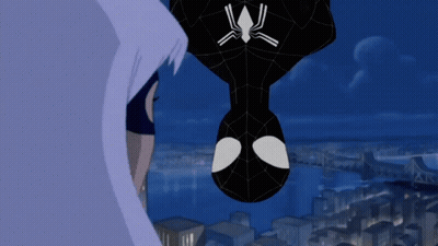 A Cartoon Of A Spider Man Hanging Upside Down With A City In The Background GIF