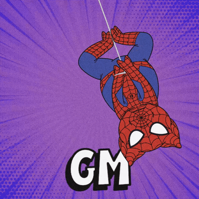 A Cartoon Of A Spider Man Hanging Upside Down With The Word Gm Above Him GIF