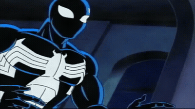 A Cartoon Of A Spiderman In A Black And White Suit GIF