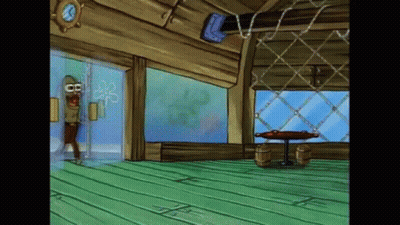 A Cartoon Of A Spongebob Character Standing In A Room GIF