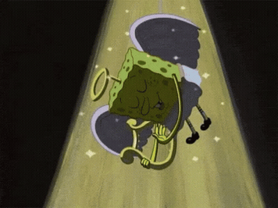 A Cartoon Of A Spongebob Squarepants Character Playing A Trumpet In A Dark Room GIF
