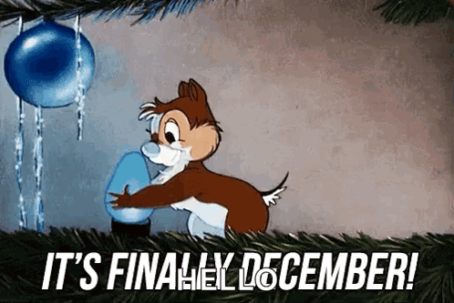 A Cartoon Of A Squirrel Holding A Christmas Light And The Words `` It 'S Finally December '' GIF