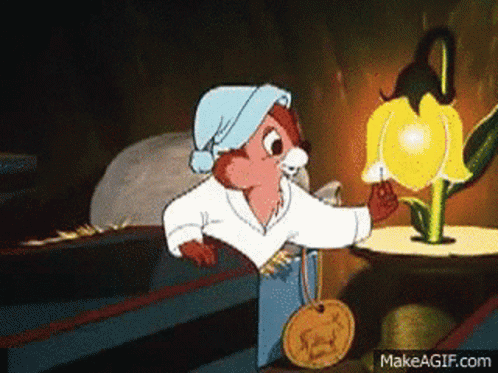 A Cartoon Of A Squirrel Holding A Light Next To A Flower With Makeagif.com Written In The Corner GIF