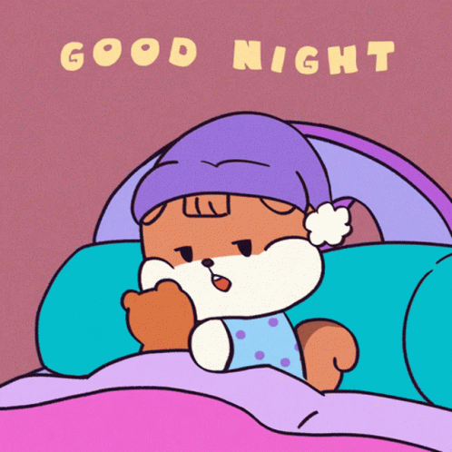A Cartoon Of A Squirrel Laying In Bed With The Words " Good Night " On The Bottom GIF