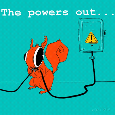 A Cartoon Of A Squirrel Plugged Into A Box With The Words The Powers Out GIF