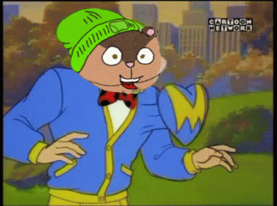 A Cartoon Of A Squirrel Wearing A Green Hat And A Blue Jacket With Cartoon Network Written On The Bottom GIF