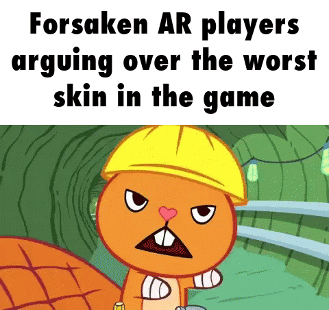 A Cartoon Of A Squirrel Wearing A Hard Hat With The Words Forsaken Ar Players Arguing Over The Worst Skin GIF