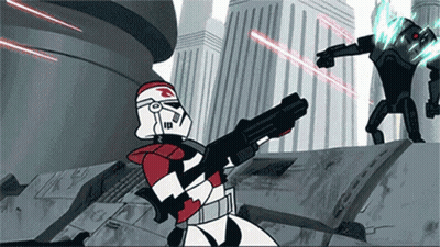 A Cartoon Of A Storm Trooper Holding A Gun With The Letter G On His Chest GIF