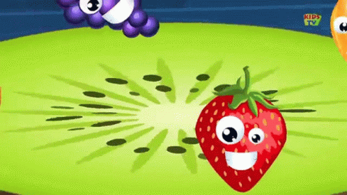 A Cartoon Of A Strawberry And A Kiwi With A Kids Tv Logo GIF