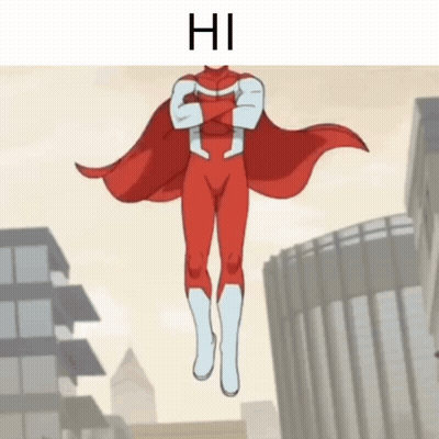A Cartoon Of A Superhero Flying In The Air With The Words Hi Above Him GIF