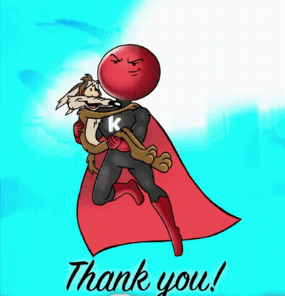 A Cartoon Of A Superhero Holding A Coyote With The Words Thank You Behind Him GIF