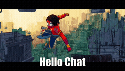A Cartoon Of A Superhero Is Flying Through The Air With The Words Hello Chat Below Him GIF