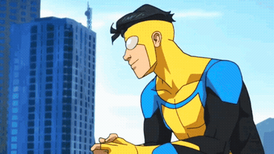 A Cartoon Of A Superhero Standing In Front Of A Tall Building . GIF