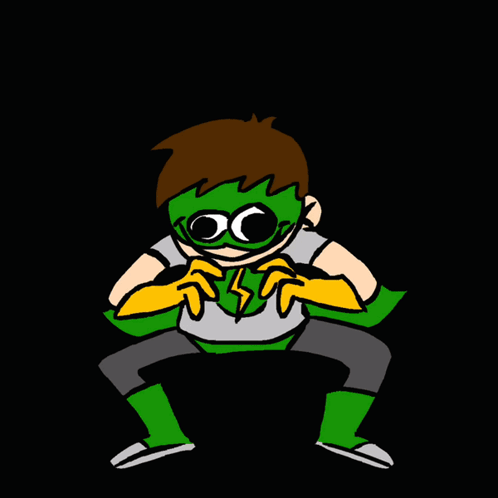 A Cartoon Of A Superhero Wearing A Green Cape And Gloves GIF