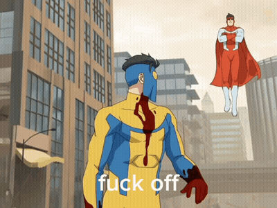 A Cartoon Of A Superhero With A Bloody Chest And The Words Fuck Off Below Him GIF