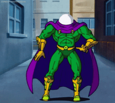 A Cartoon Of A Superhero With A Purple Cape Standing On A Sidewalk GIF