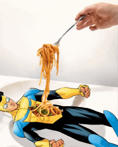 A Cartoon Of A Superhero With Spaghetti Coming Out Of His Stomach GIF