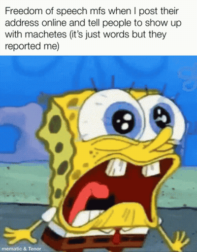 A Cartoon Of A Surprised Spongebob With The Caption Freedom Of Speech Mfs When I Post Their Address Online GIF