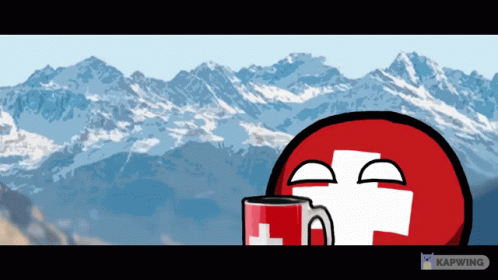 A Cartoon Of A Swiss Ball Holding A Cup With A Cross On It GIF