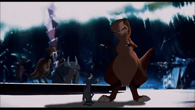 A Cartoon Of A T-Rex Standing Next To A Man And Another Dinosaur GIF