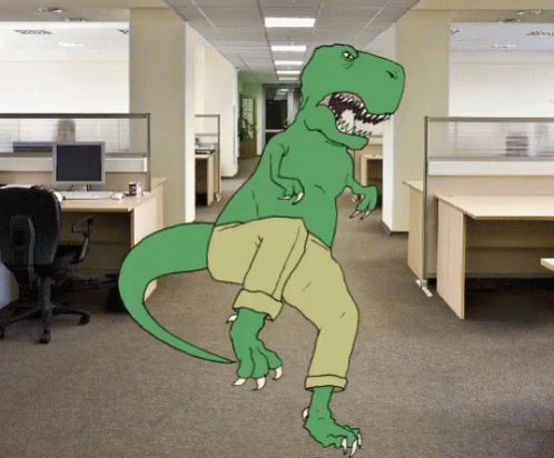 A Cartoon Of A T-Rex Wearing Pants And Shorts In An Office GIF