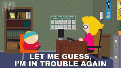 A Cartoon Of A Teacher Talking To A Student With The Words Let Me Guess I 'M In Trouble Again At The Bottom GIF