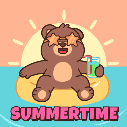 A Cartoon Of A Teddy Bear Floating On A Raft With The Words Summertime Written Below It GIF