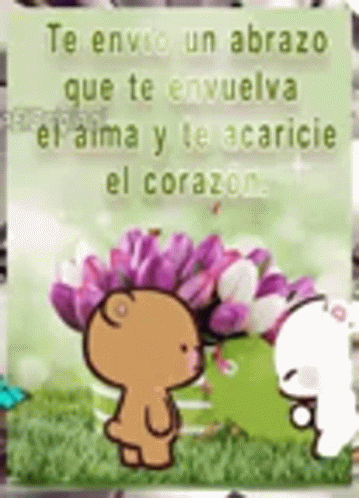 A Cartoon Of A Teddy Bear Holding A Bouquet Of Purple Flowers . GIF