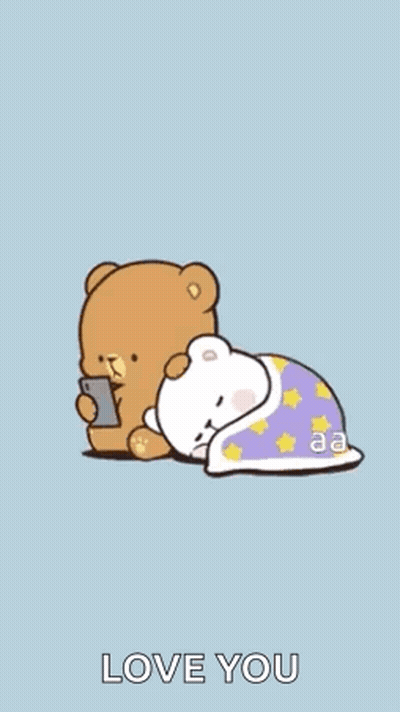 A Cartoon Of A Teddy Bear Holding A Cell Phone Next To Another Teddy Bear Laying Down . GIF