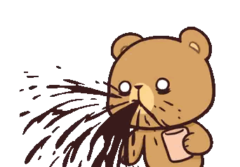A Cartoon Of A Teddy Bear Holding A Cup And Spitting Coffee Sticker