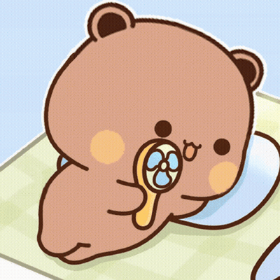 A Cartoon Of A Teddy Bear Holding A Fan In His Mouth GIF