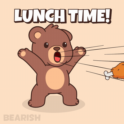 A Cartoon Of A Teddy Bear Holding A Fried Chicken Leg With The Words Lunch Time Written Above It GIF