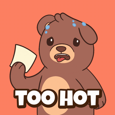 A Cartoon Of A Teddy Bear Holding A Piece Of Paper That Says " Too Hot " GIF