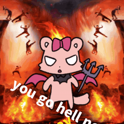 A Cartoon Of A Teddy Bear Holding A Trident With The Words You Go Hell GIF
