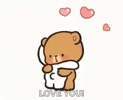 A Cartoon Of A Teddy Bear Hugging Another Teddy Bear With The Words `` Hugs And Kisses Love You '' Above It . GIF
