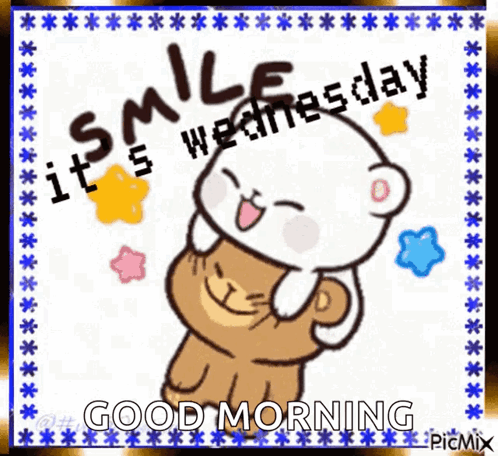 A Cartoon Of A Teddy Bear Hugging Another Teddy Bear With The Words " It 'S Wednesday Good Morning " GIF