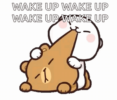 A Cartoon Of A Teddy Bear Hugging Another Teddy Bear With The Words `` Wake Up Wake Up Wake Up Wake Up '' . GIF