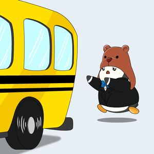 A Cartoon Of A Teddy Bear In A Suit Standing Next To A Yellow Bus GIF
