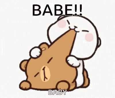 A Cartoon Of A Teddy Bear Kissing Another Teddy Bear With The Words `` Babe ! '' Written On It . GIF