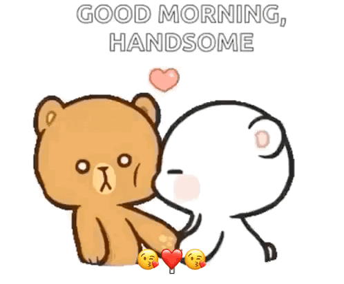 A Cartoon Of A Teddy Bear Kissing Another Teddy Bear With The Words `` Good Morning , Handsome '' Written On It . GIF