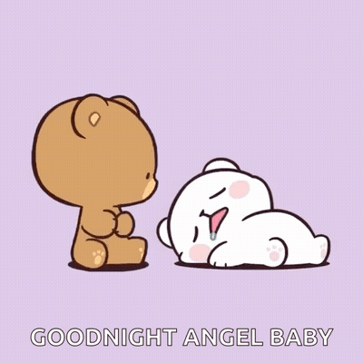 A Cartoon Of A Teddy Bear Kissing Another Teddy Bear With The Words Goodnight Angel Baby Above Them GIF