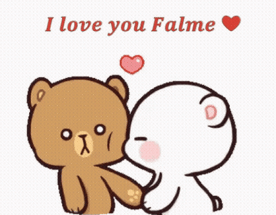 A Cartoon Of A Teddy Bear Kissing Another Teddy Bear With The Words " I Love You Falme " On The Bottom GIF