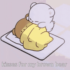 A Cartoon Of A Teddy Bear Laying On A Bed With The Caption Kisses For My Brown Bear . GIF