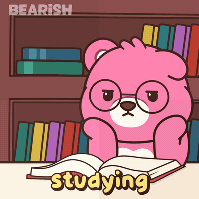 A Cartoon Of A Teddy Bear Reading A Book With The Word Studying Underneath GIF