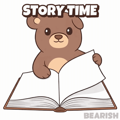 A Cartoon Of A Teddy Bear Reading A Book With The Words Story Time Beneath It GIF
