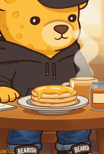 A Cartoon Of A Teddy Bear Sitting At A Table With Pancakes On It GIF