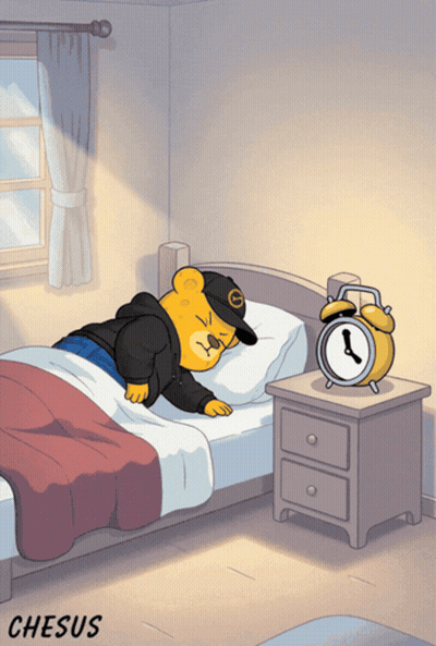 A Cartoon Of A Teddy Bear Sleeping Next To An Alarm Clock With The Word Chesus Below It GIF