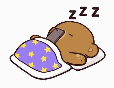 A Cartoon Of A Teddy Bear Sleeping On A Bed With A Cell Phone On Its Head . GIF