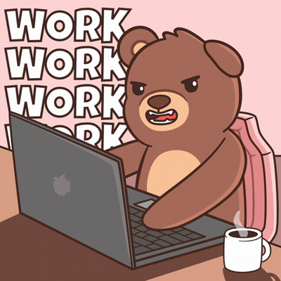 A Cartoon Of A Teddy Bear Using A Laptop With The Word Work Behind Him GIF