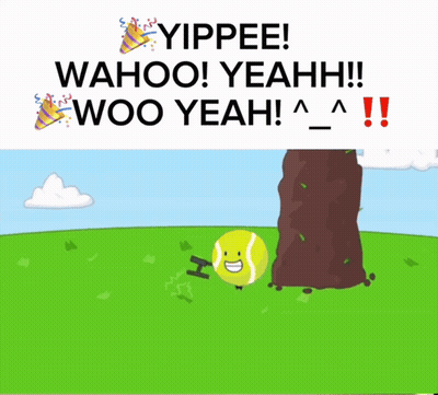 A Cartoon Of A Tennis Ball With The Words Yippee Wahoo Yeahh Woo Yeah Written Above It GIF